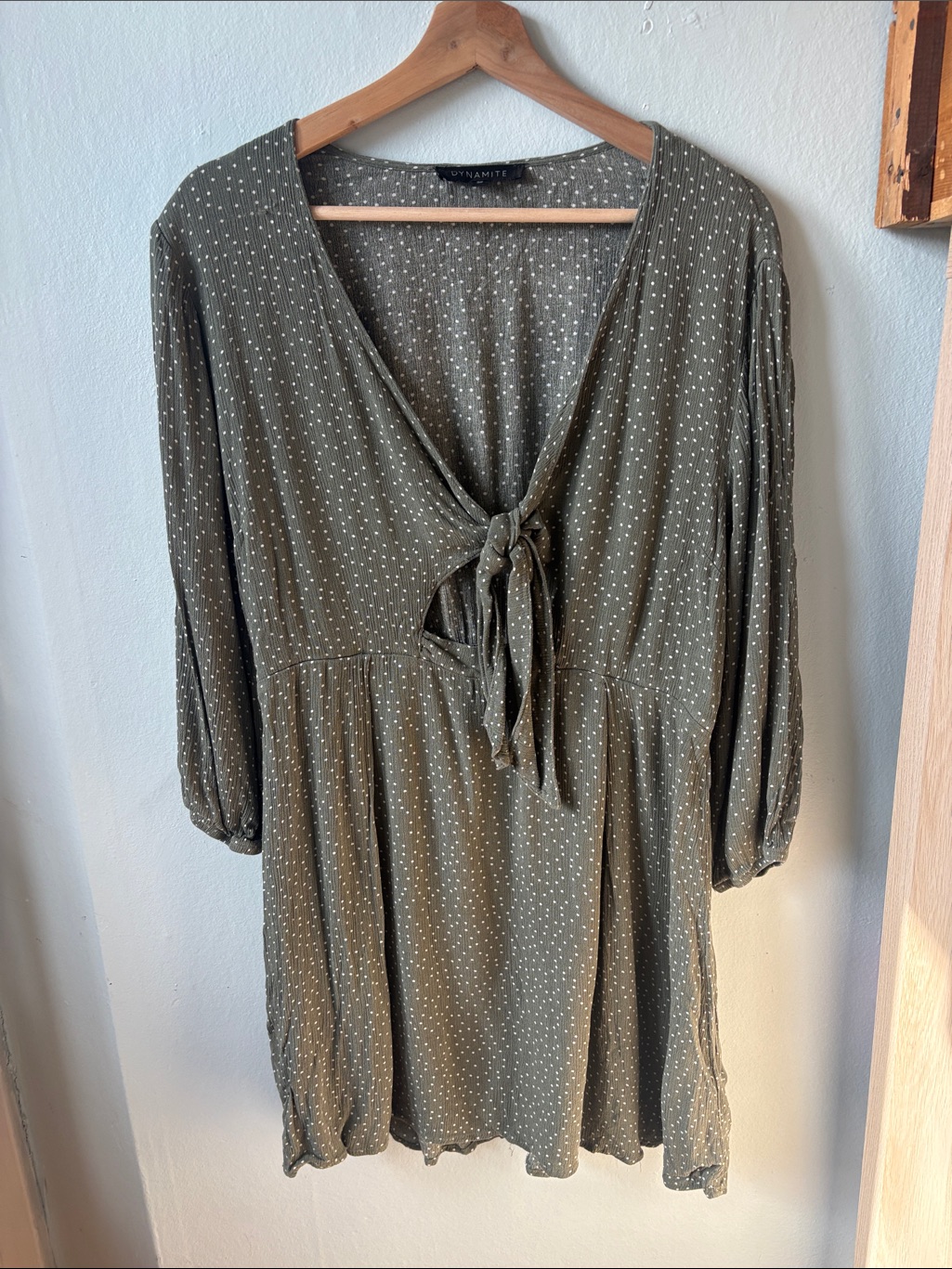 Dynamite Olive Polka Dot Tie-Front Babydoll Blouse